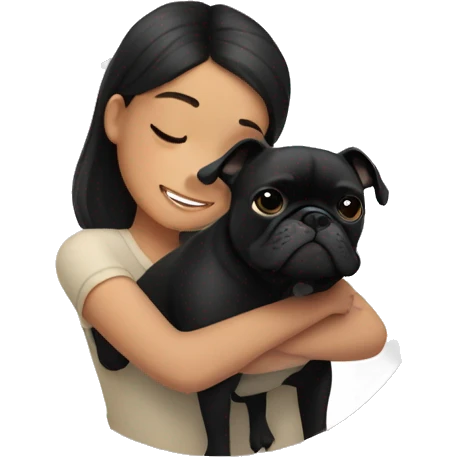 A girl with dark hair hugs a black French bulldog emoji