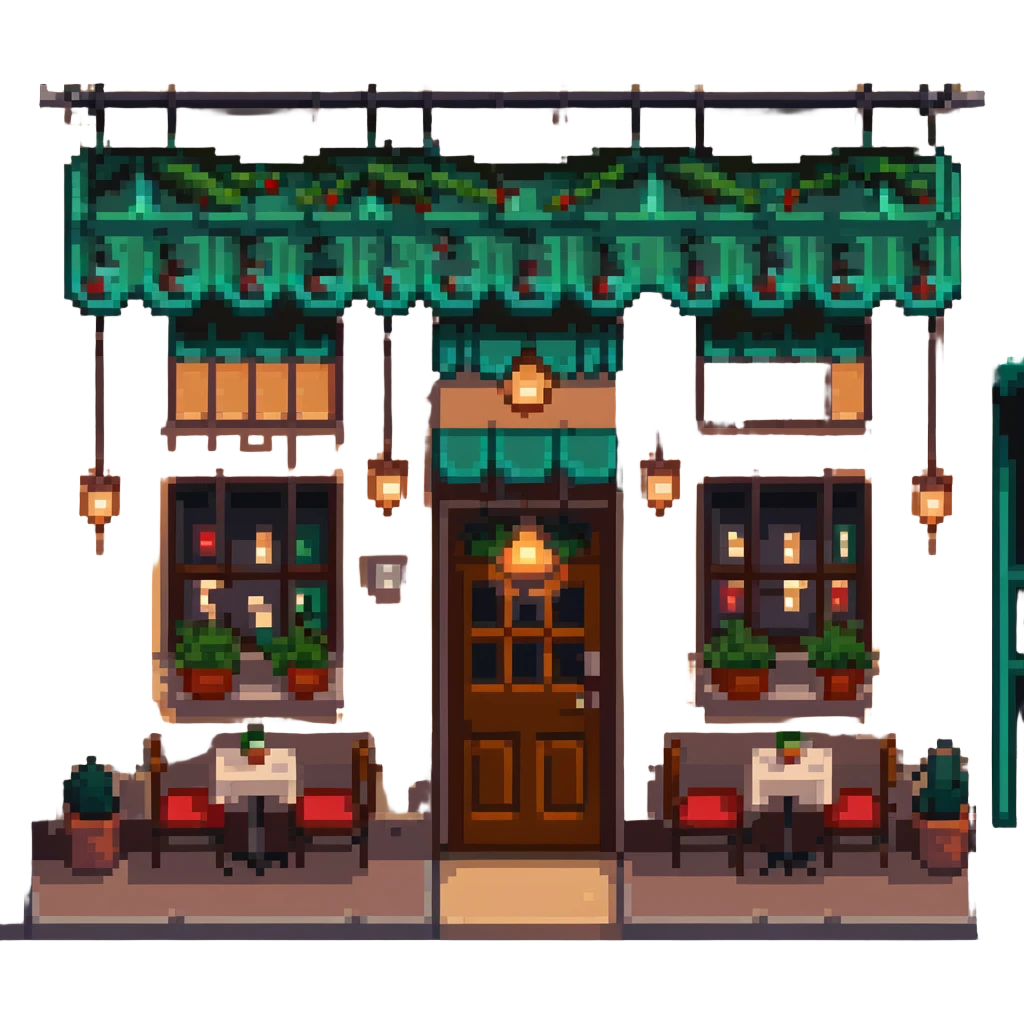 Italian restaurant exterior at night, glowing windows, cozy atmosphere in pixel art style emoji