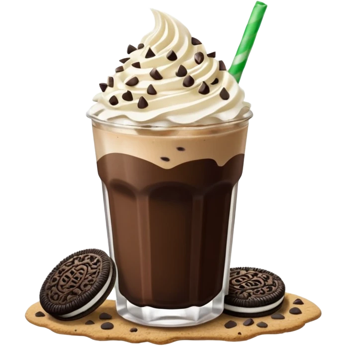 Vaso de vidrio con Frappé color café, crema en la parte superior con popote verde insertado en la crema, agregar encima de la crema chispas de chocolate. Colocar arriba de la crema insertada una galleta tipo oreo. emoji