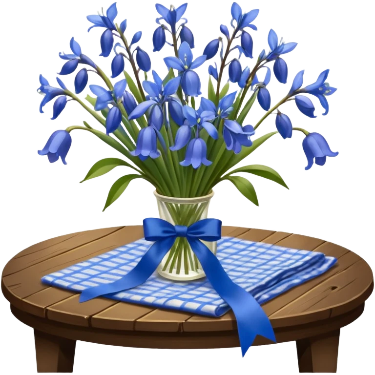 A lush bouquet of bright blue color bluebell black satin ribbon, resting on an antique wooden table, with a pale yellow and pink plaid pattern table cloth emoji