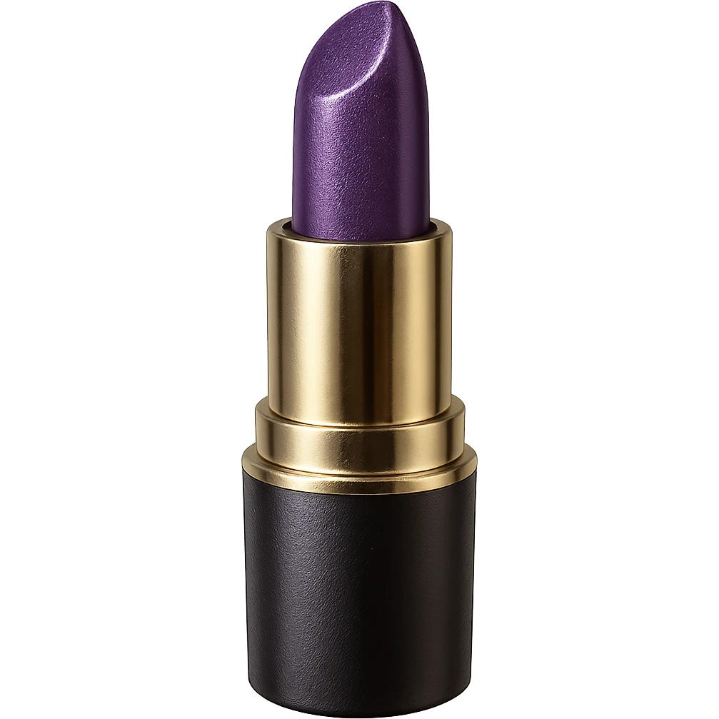 Create a realistic lipstick emoji with a glossy finish and purple lipstick. The image should have no background and be in a photorealistic style. emoji