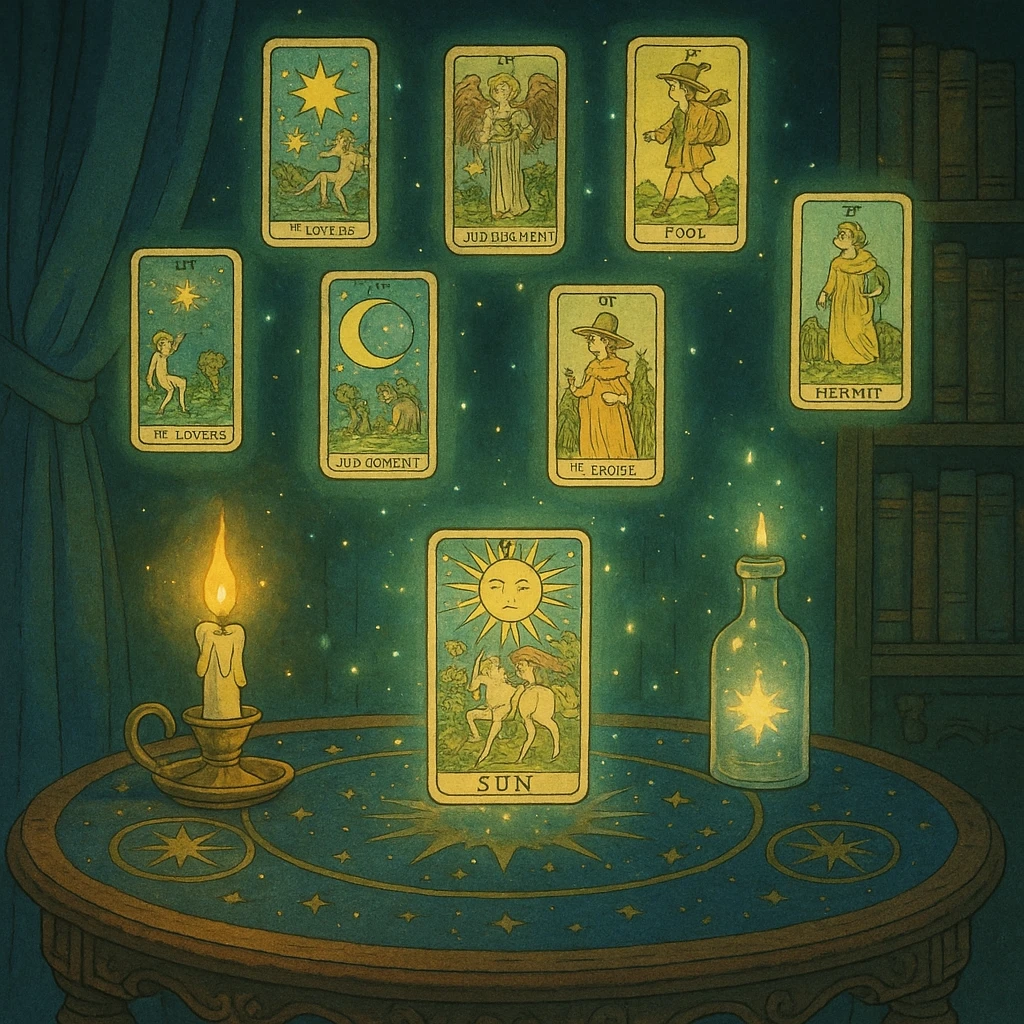 magical tarot table with floating cards and ethereal lighting emoji
