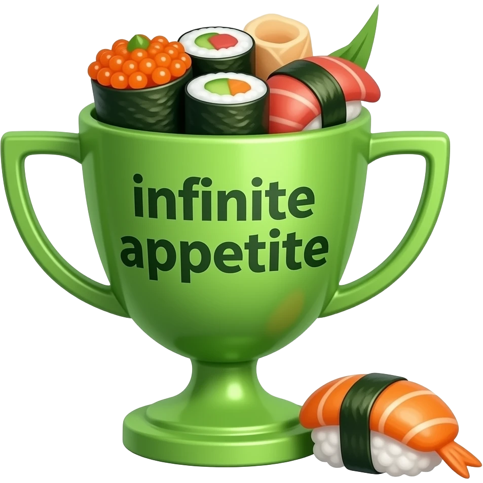 award with written "infinite appetite" perfect but substitute color blue with green. substitute laurel with sushi emoji