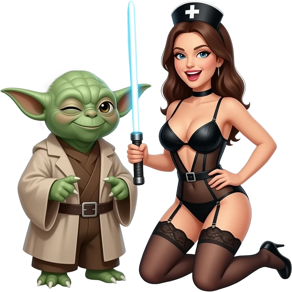 Yoda smiling with a wink, with a lady,mouth wide openvisible nipples  wearing black see through lingerienurse ,topless, more cleavage  top of clothes more low cuta large light saberlarge breasts, garter belt, kneeling , mouth open emoji