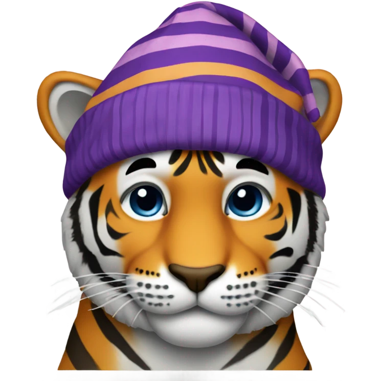 Tiger with striped purple stocking cap emoji