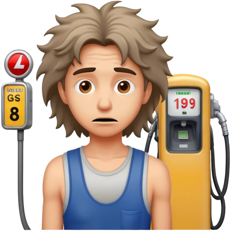 Disheveled person with anxious expression at a gas station pump emoji