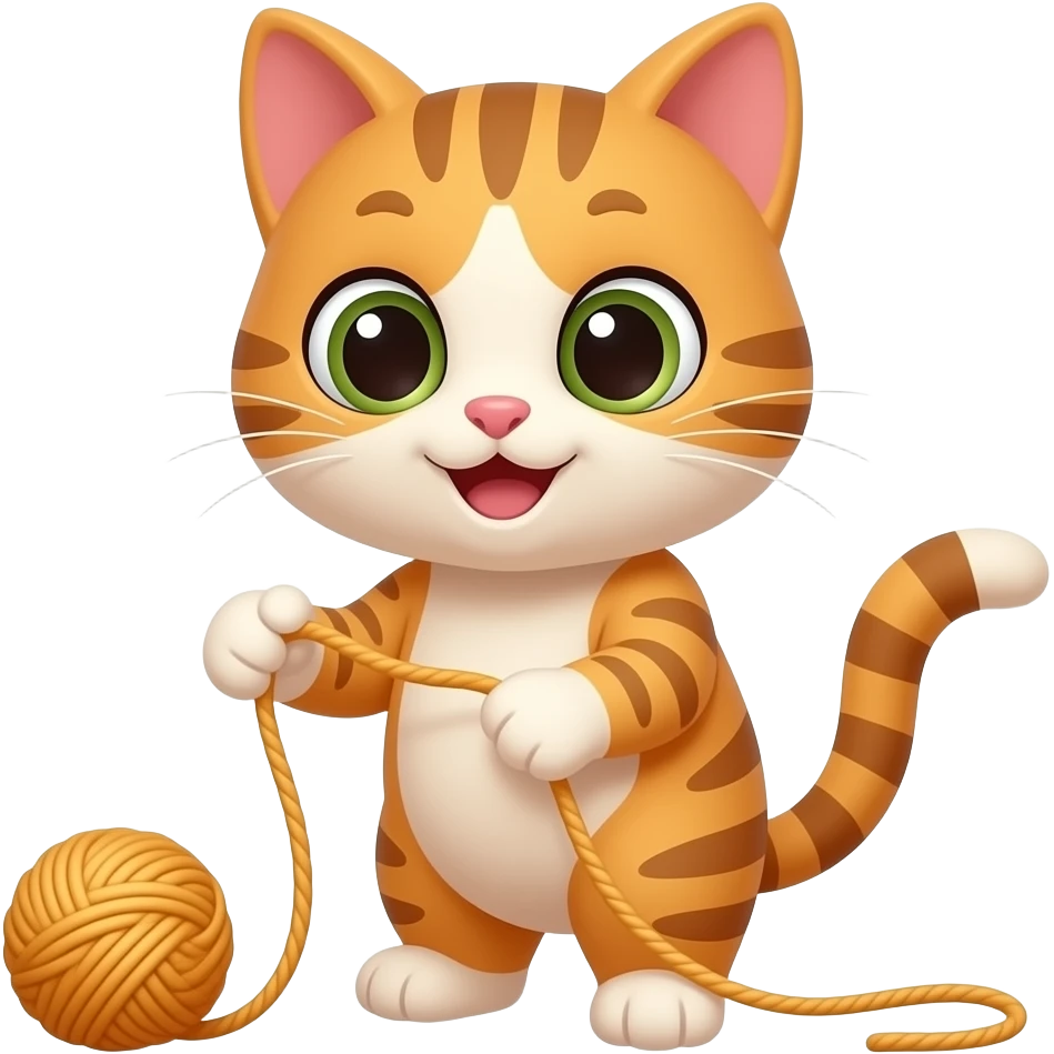 Cartoon kitten playing with a yarn emoji