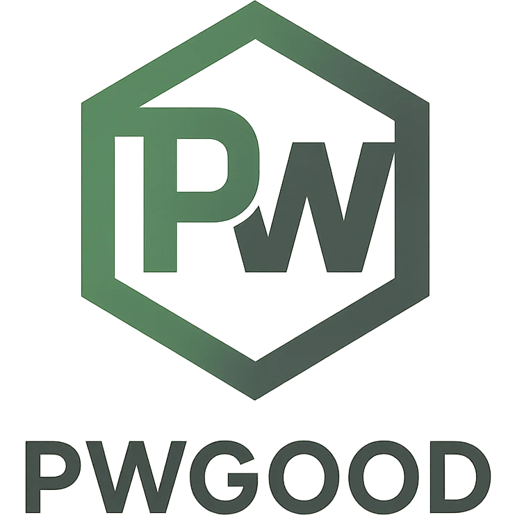 geometric logo for 'pwgood' with stylized 'pw' monogram, green and gray palette emoji