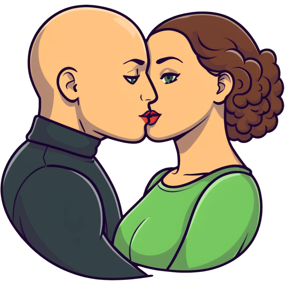 caucasian bald man with green eyes and caucasian woman with long curly dark hair and brown eyes kissing emoji