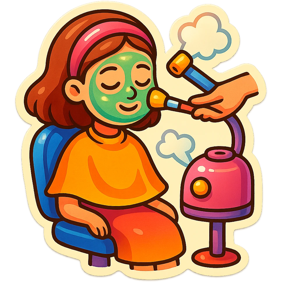 a girl sitting in a beauty salon getting a facial treatment, cute and colorful emoji
