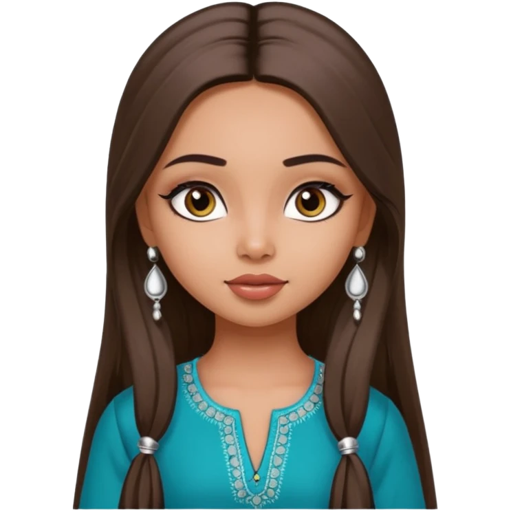 generate a pretty bratz girl wearing a kurti, eyeliner on, long straight hair, silver jhumkas in ear emoji
