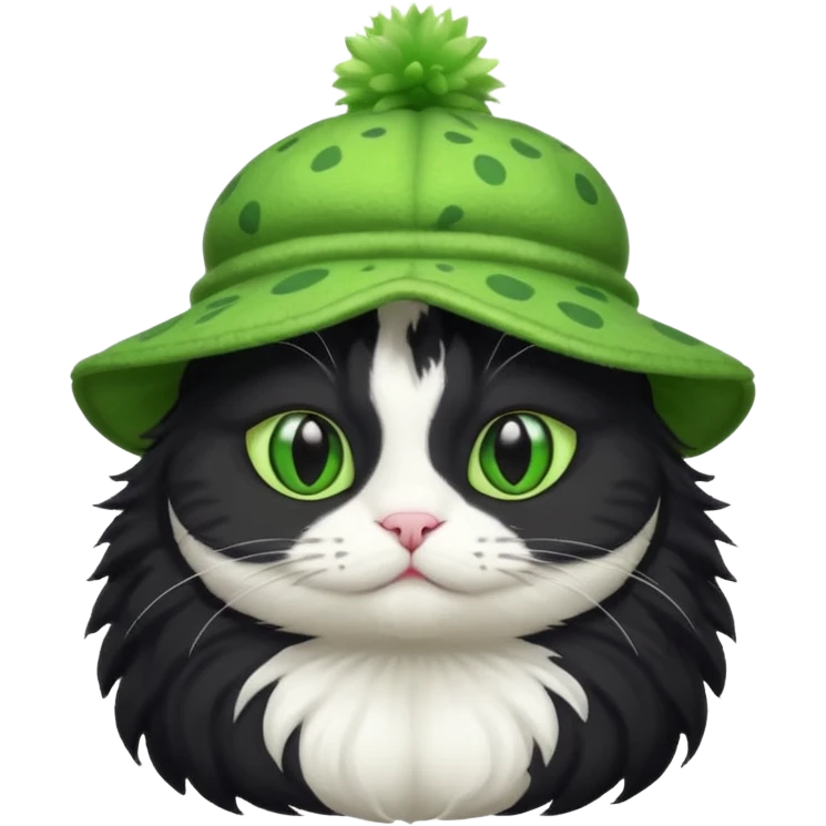 Black and white cat with a frog-shaped hat emoji