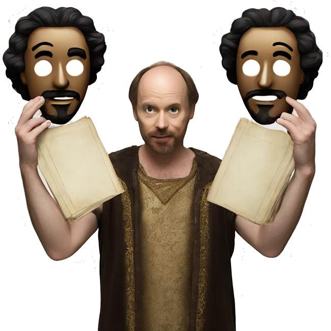 Shakespeare holds two masks in his hands - comedy and tragedy emoji