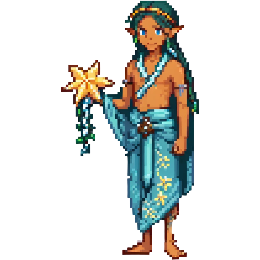 elf male Sarong with bioluminescent embroidery, armful of starfish, hair in a braid with pearl pins emoji