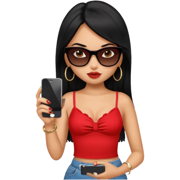 generate a pretty bratz girl with black hair, black sunglasses and a phone, red cami top emoji