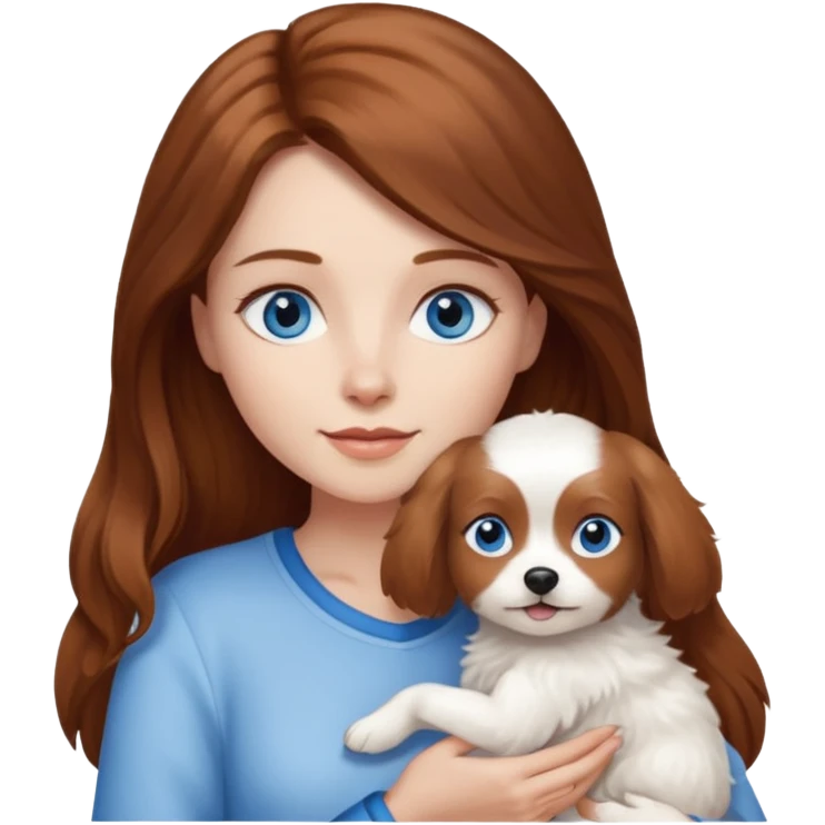 long hair chestnut color blue eyes woman holding small white dog emoji