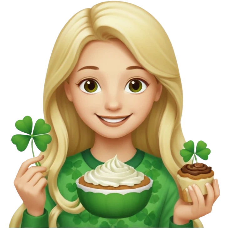 금발 긴머리, 연한갈색 눈썹, 네잎클로버 좋아하고, 디저트 좋아하고 emoji