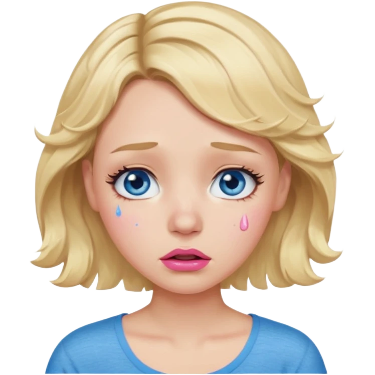 Girl Blonde short wavy hair,  blue eyes, cute blue top, long lashes, pink lips,crying with big tears running down the face  emoji