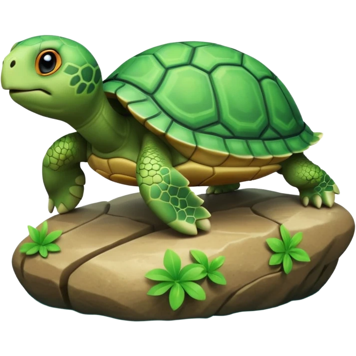 A 3D cartoon turtle climbing onto a rock near water, bright green shell, soft shading and smooth texture, cheerful and friendly expression. emoji
