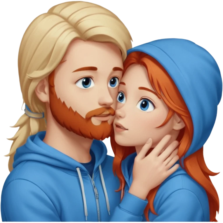 Long-pale-blonde hair, beautiful girl with blue eyes-wearing a light blue hoodie, facing, kissing reddish-brownish hair and beard boy blue eyed white guy in a dark blue hoodie emoji