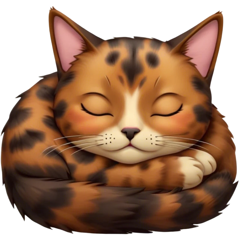 Meme-Worthy Cute Sleeping Tortoiseshell Cat Portrait Emoji, Head resting with a serene, sleepy smile and softly closed, dreamy eyes, showcasing a warm, mottled fur of rich browns and blacks, simplified yet adorably detailed, glowing with a gentle, drowsy radiance, high shine, exuding relaxed, heart-melting charm, styled with a soft glowing outline, capturing the essence of a sleeping tortoiseshell cat that radiates pure, peaceful cuteness! emoji