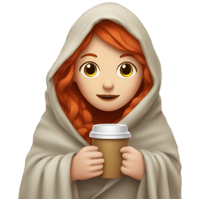 Red headed girl wrapped in a blanket holding a coffee emoji