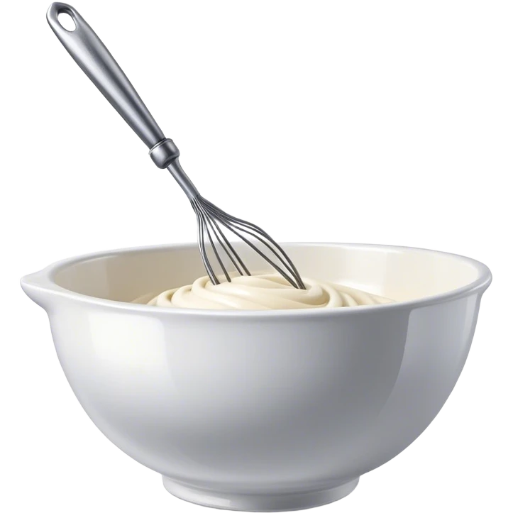 Cinematic Realistic Whisk & Mixing Bowl, a well-used metal whisk resting in a smooth ceramic mixing bowl, light reflecting off the whisk’s polished surface, subtle smears of batter along the rim, glowing with a sense of warmth and creativity. emoji