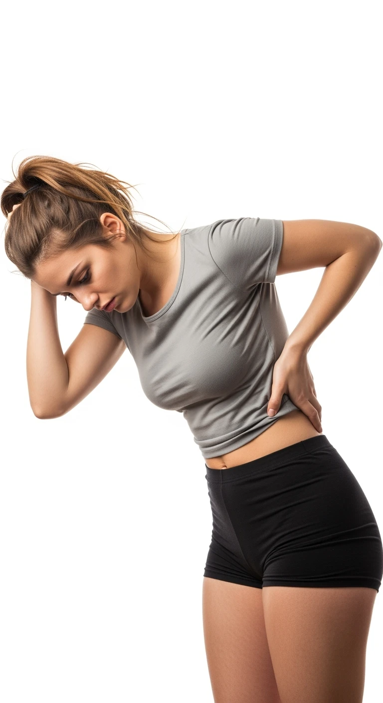 donna giovane con cellulite in gym short leggermente piegata in avanti, con espressione dispiaciuta in volto isolata su sfondo bianco emoji