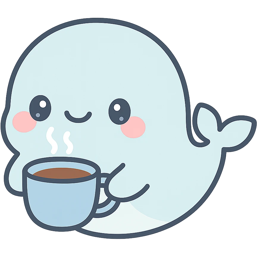 adorable cartoon whale with a steaming blue coffee cup, playful and sweet emoji
