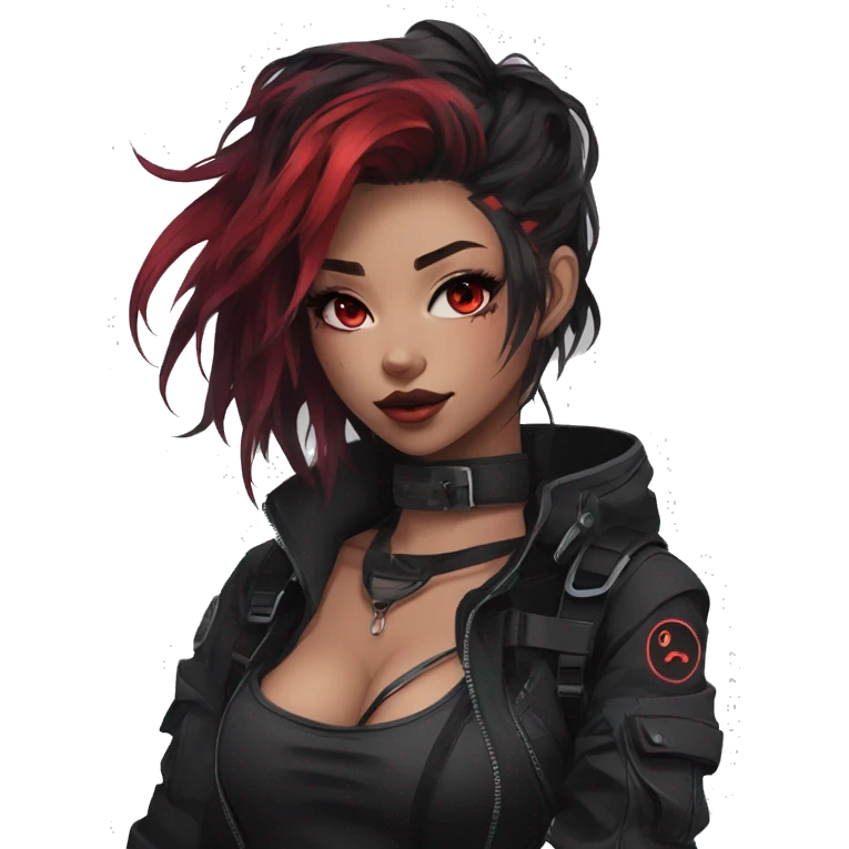 Gorgeous dark techwear anime style lady with blushing face aesthetic and pretty edgy black red punk messy hair with collar and harness trending style emoji