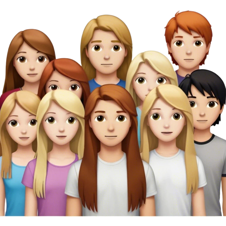 A group of teenagers with 3 girls and 3 boys:
a girl with long, straight, brown hair, another with long, slightly wavy, blonde hair and the third with long, straight, blonde and brown hair
for boys, you need a redhead with forward hair, a blonde with forward hair and another with black hair to the side emoji