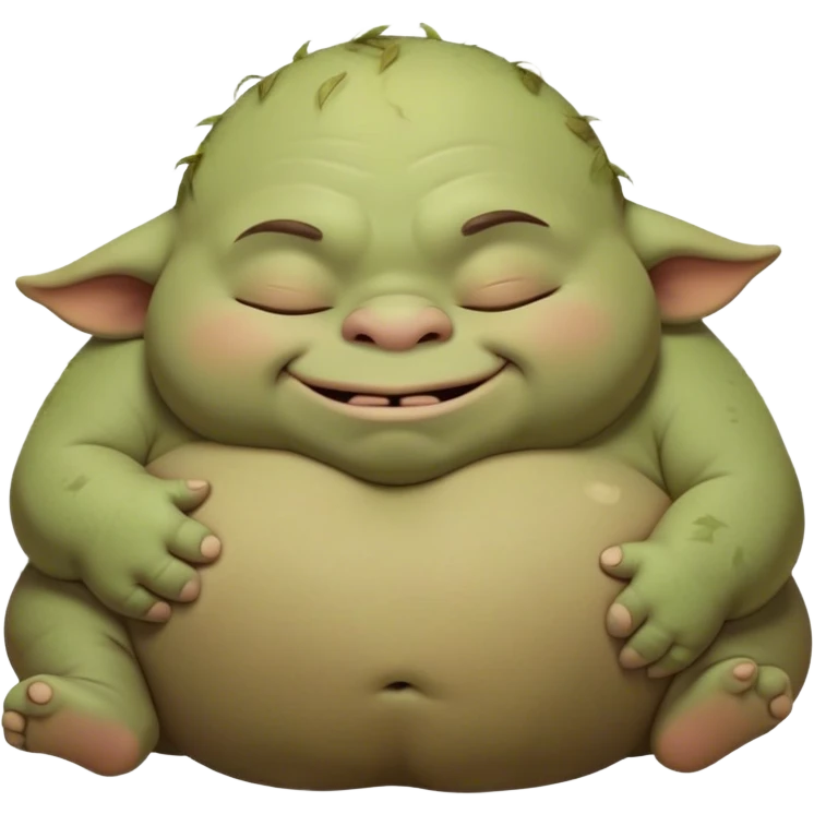 Meme-Worthy Cute Sleeping Ogre Portrait Emoji, with a surprisingly endearing, plump figure in soft earthy greens and browns, head drooping gently with closed, relaxed eyes and a content, sleepy grin, simplified yet adorably detailed, glowing with a soft warm outline that captures the peaceful slumber of a friendly ogre after a day of gentle mischief! emoji