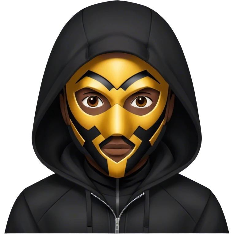 man with black hooded jacket and a black full-face geometric mask emoji