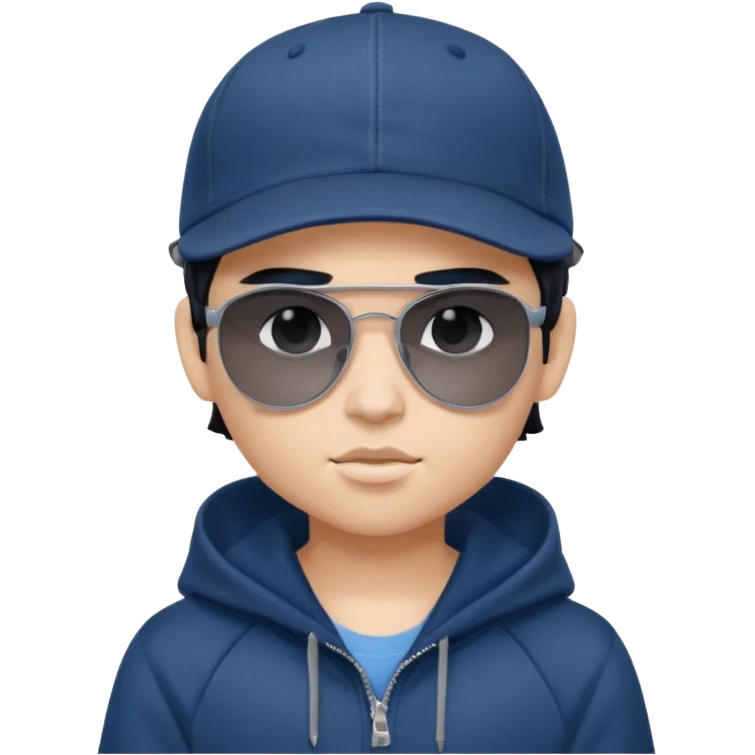 generate a fair pretty bratz boy wearing a dark blue baseball cap with black sunglasses and a grey hoodie

hair black  emoji