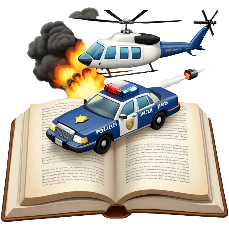 Icon for Action & Crime Reading: an open large book with text on the pages, a police car is driving out, with explosions behind, a helicopter flying above, a pistol with bullets in the front. The icon should capture the thrilling action and suspense of crime stories. Transparent background. emoji