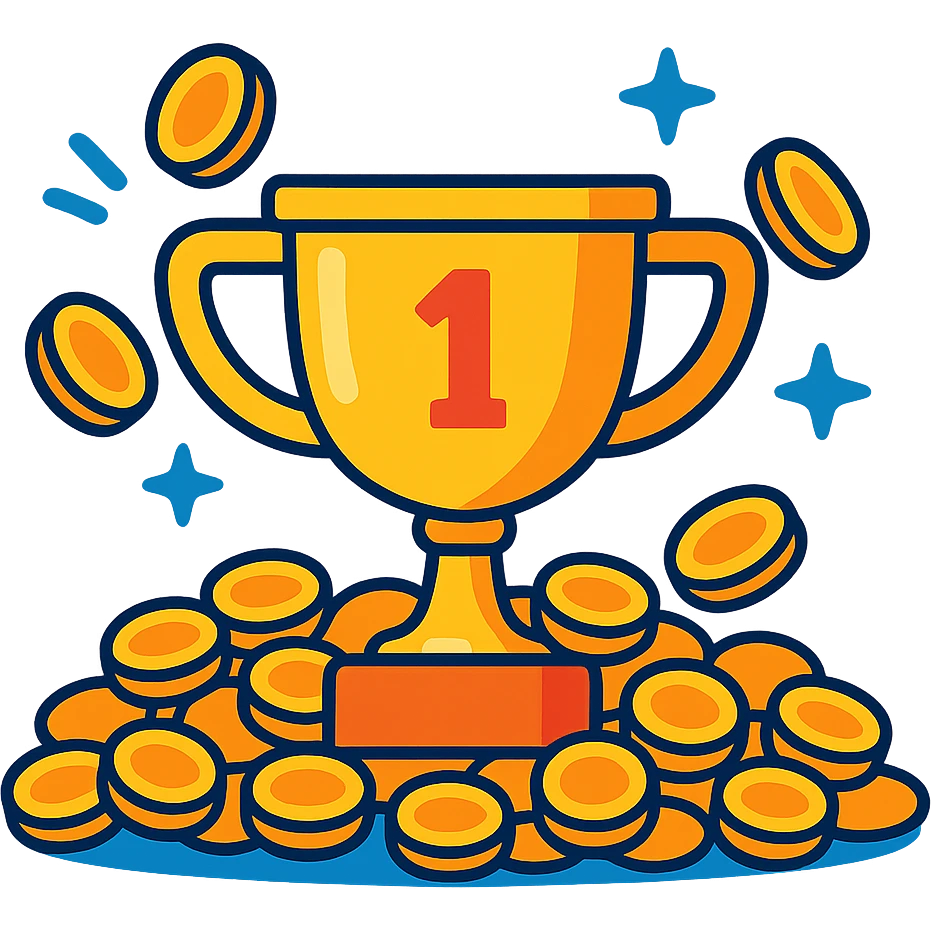 prize pool, trophy surrounded by coins, vibrant, fun emoji