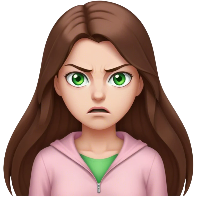 pretty woman with very long brown hair and green eyes and light pink outfit angry emoji