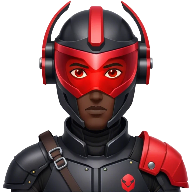 A futuristic man bounty hunter in sleek black armor, glowing red visor in the dark emoji