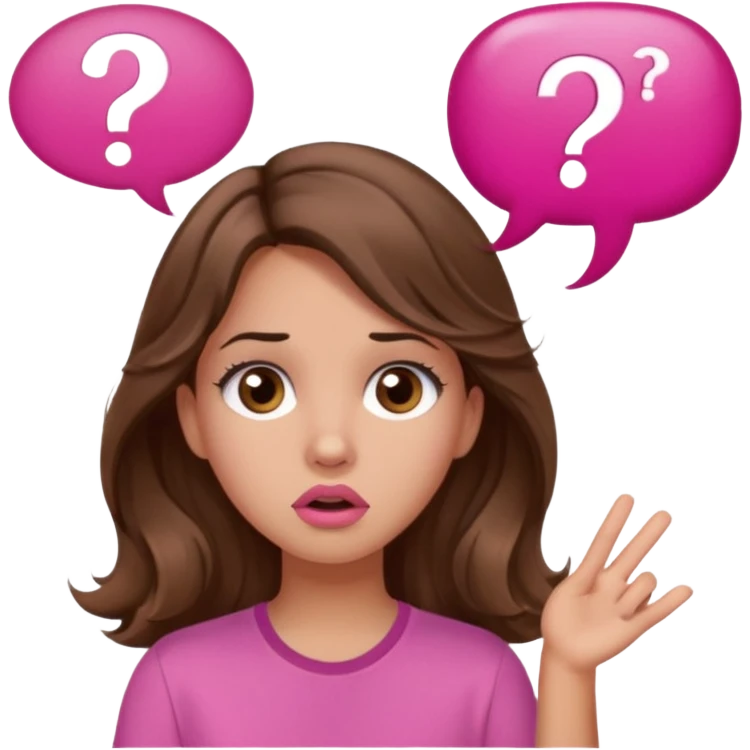 girl with long wavy brown hair, brown eyes, light to medium complexion, in a pink shirt, pink lips, long lashes, confused, question mark speech bubble emoji