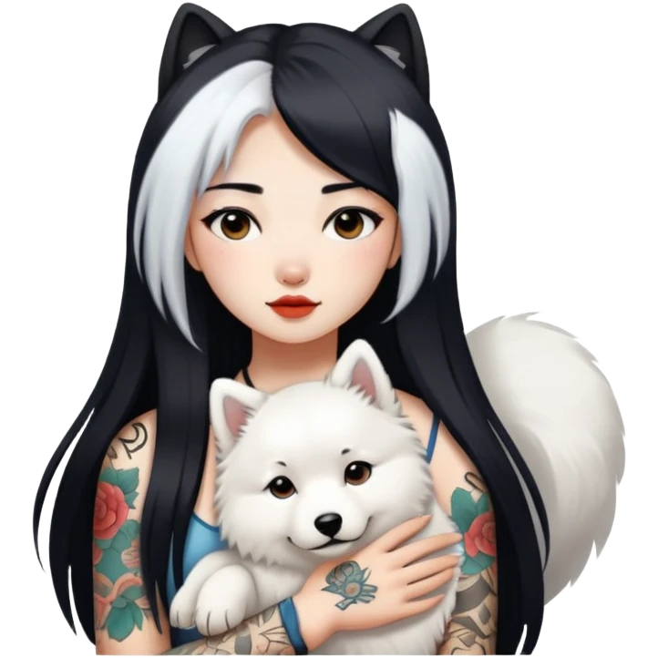 a Chinese girl with long black  straight hair and tattoos and a samoyed emoji