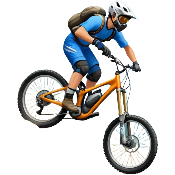A thrilling downhill mountain biking scene! A rider in full gear speeds down a steep rocky trail, kicking up dust. The rugged mountain landscape surrounds them, with towering peaks, evergreen trees, and a bright blue sky. The rush of adventure is in the air. Transparent background. emoji