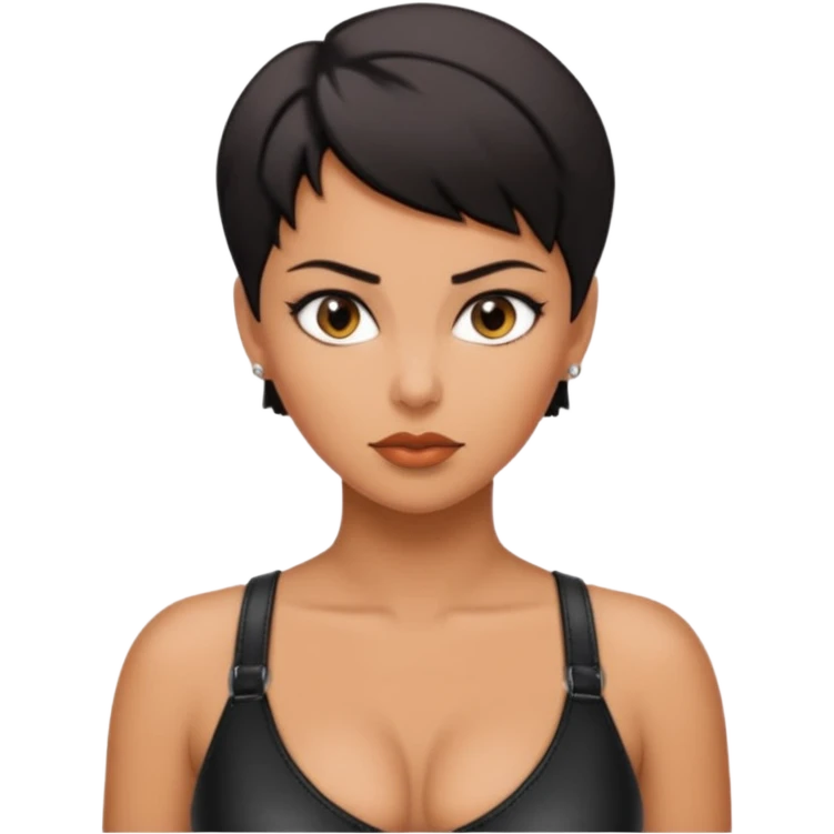 Woman in black leather very short hair cleavage dom  emoji