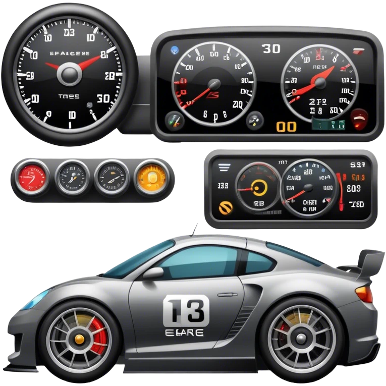 An icon showing a racing game interface, inspired by Grand Turismo. The design features a garage with a selection of high-performance cars, along with race track visuals in the background. Speedometer, lap timer, and other HUD elements add to the excitement. Transparent background emoji