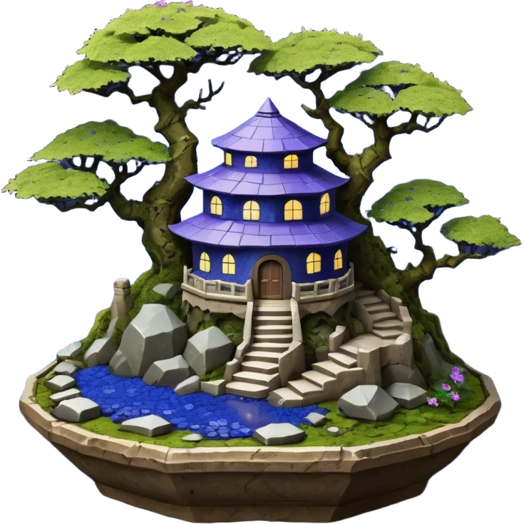  Ancient saucer-castle-house jungle winding trail mountainside getaway haunted nighttime landscape antique mudman very old broken cracked intricately detailed Stone Age lapis-crusted irregular dodecagon-shaped shallow dark moss rough bark violet flowered maple bonsai Saikei pot emoji