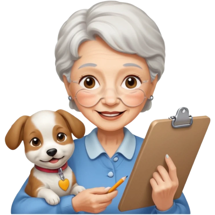 An elderly woman sketching, art board,nice picture, puppy face. emoji