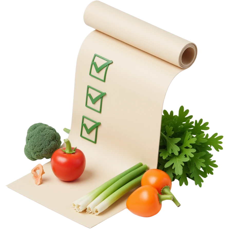 floating rolled paper list with green checkboxes and around vegetables emoji