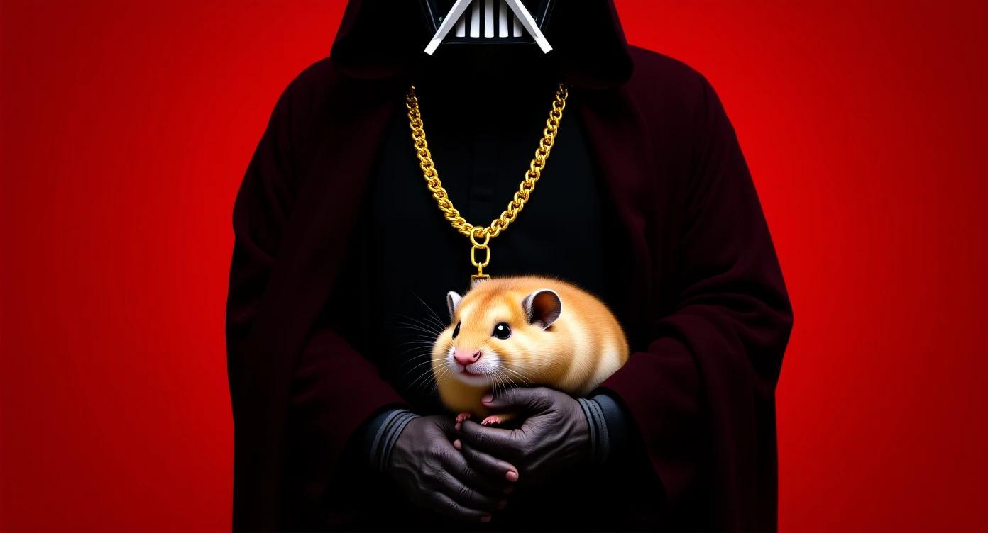Extreme Closeup Photo of a darth vader holding big hamster with golden chain, low key light, red solid background with leading lines, back light, spot light emoji