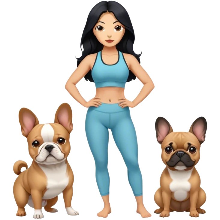latin woman in a yoga outfit with long black hair standing alongside two French bulldogs  emoji
