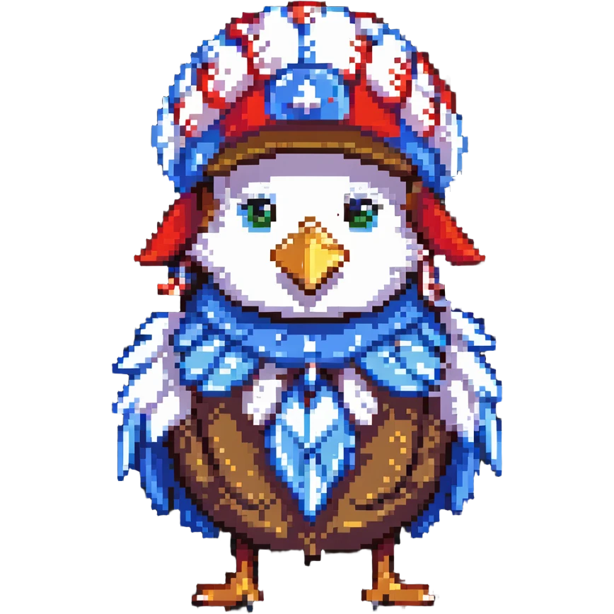 pixel art of Yankee Doodle, classic American character with a feathered cap, cheerful expression emoji