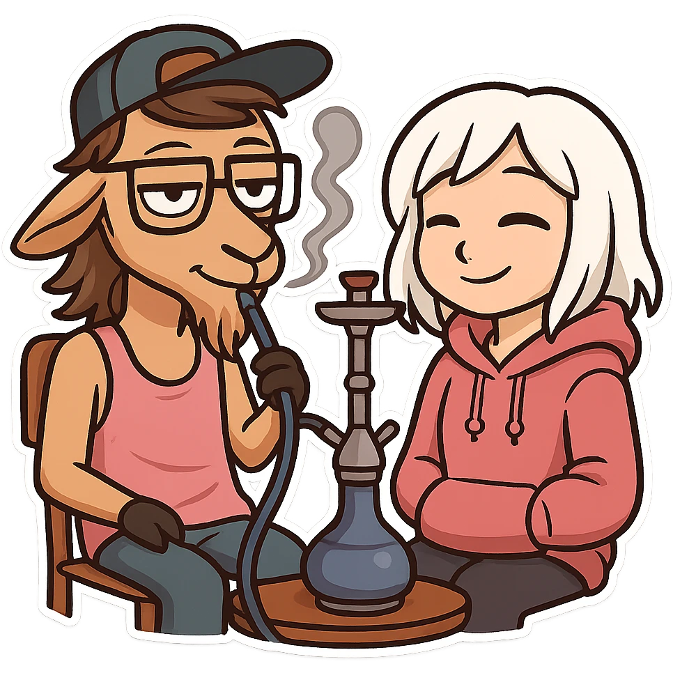 goat for Telegram stickers inspired by reference https://attic.sh/feoducyurkpqwz0la088soao98sx: wearing a cap, glasses, mullet hairstyle, pink drunkard tank top, sitting on a chair, smoking hooka with a girl. girl with white hair and pink hoodie https://i.ytimg.com/vi/x9PRt8xgy7Y/hqdefault.jpg . transparent background  emoji